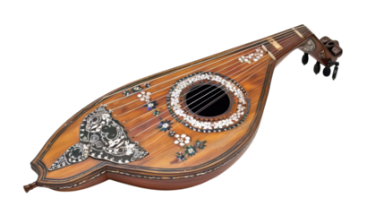 Beautifully crafted traditional string instrument displayed against a plain background, showcasing intricate designs and craftsmanship on transparent background