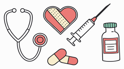 Healthcare Icons Set Featuring Stethoscope Heart with Bandage Syringe and Medicine Bottle