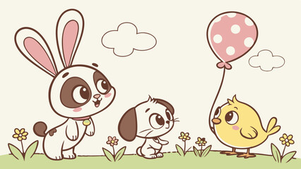 Cute cartoon animals with a balloon in a spring meadow