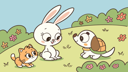 Cute Cartoon Animals Friends in a Sunny Meadow