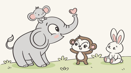 Cute Animals Sharing a Heart: A heartwarming cartoon scene