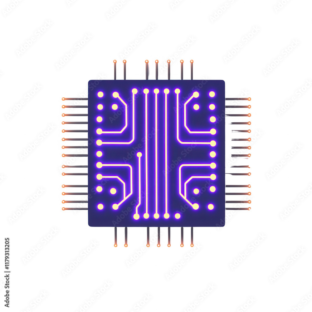 Poster futuristic microchip with glowing circuit patterns and detailed connections., isolated on a transpar