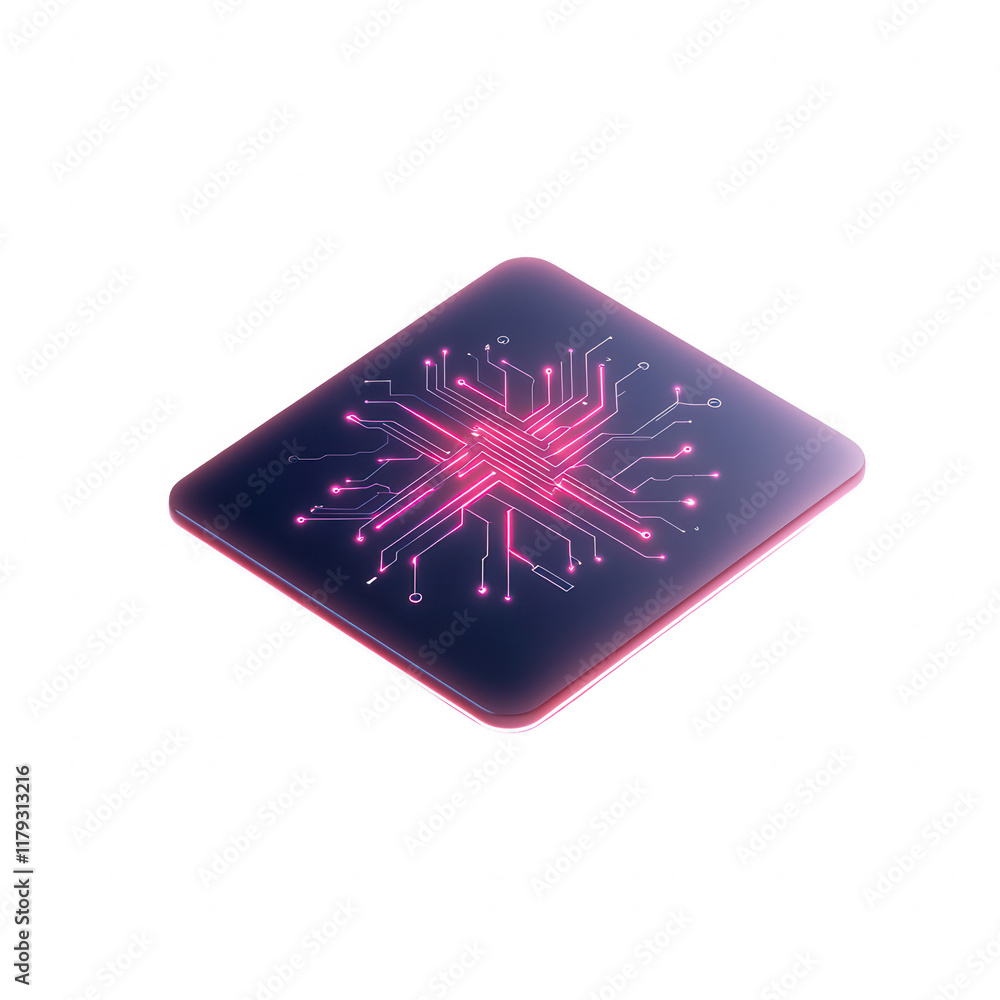 Poster futuristic microchip with vibrant circuitry and glowing connections., isolated on a transparent back