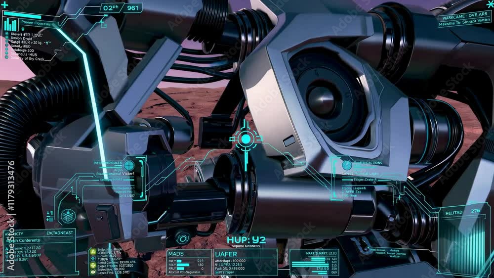 Poster exploration of martian terrain using advanced robotic technology in a futuristic landscape