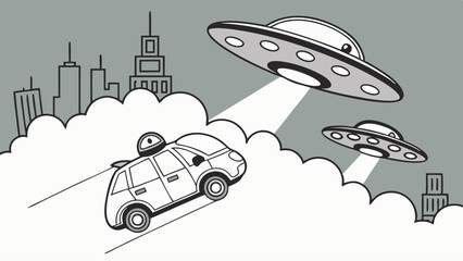 Futuristic Car Evading UFOs Over a Cityscape © Masaji