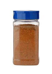 Jar of spice mix isolated on white.