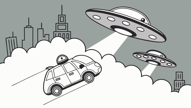 Futuristic Car Evading UFOs Over a Cityscape