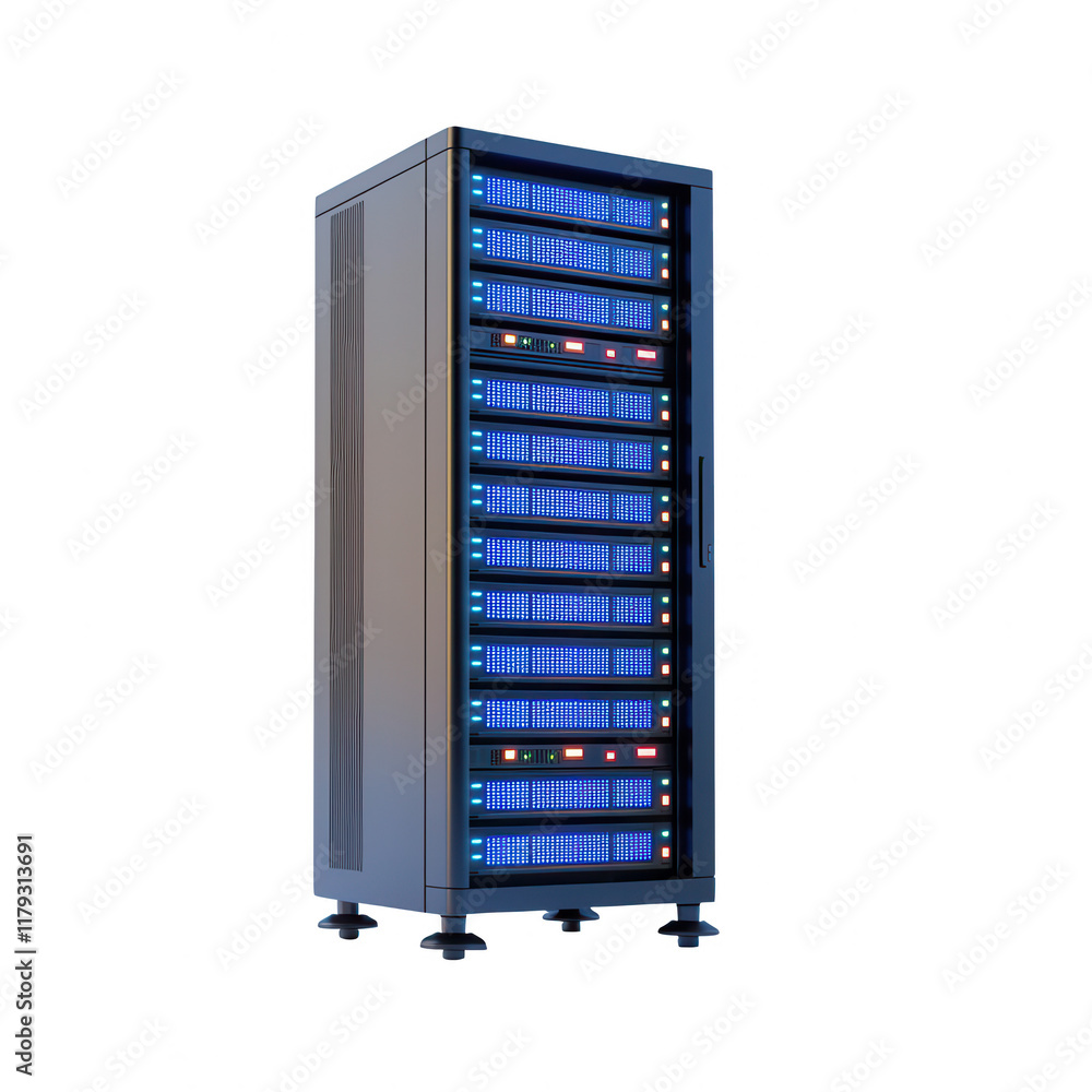 Poster high-tech server rack with glowing components and modern design for data storage., isolated on a tra
