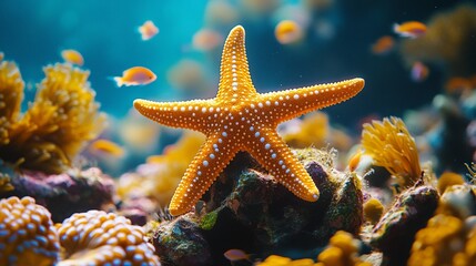 An energetic underwater scene showcasing an orange starfish on a coral reef filled with diverse marine life.