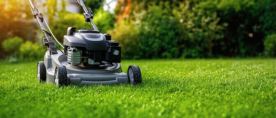 Lawn mower cutting green grass in backyard emphasizes the freshness and care of a well-maintained lawn. Generative AI