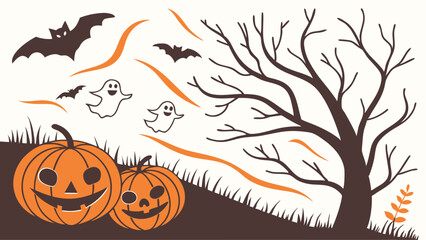 Halloween Scene with Pumpkins Ghosts and Bats