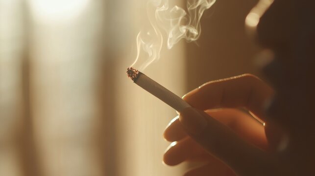 Hand holding a lit cigarette with smoke spiraling upwards, World No Tobacco Day, stop smoking concept