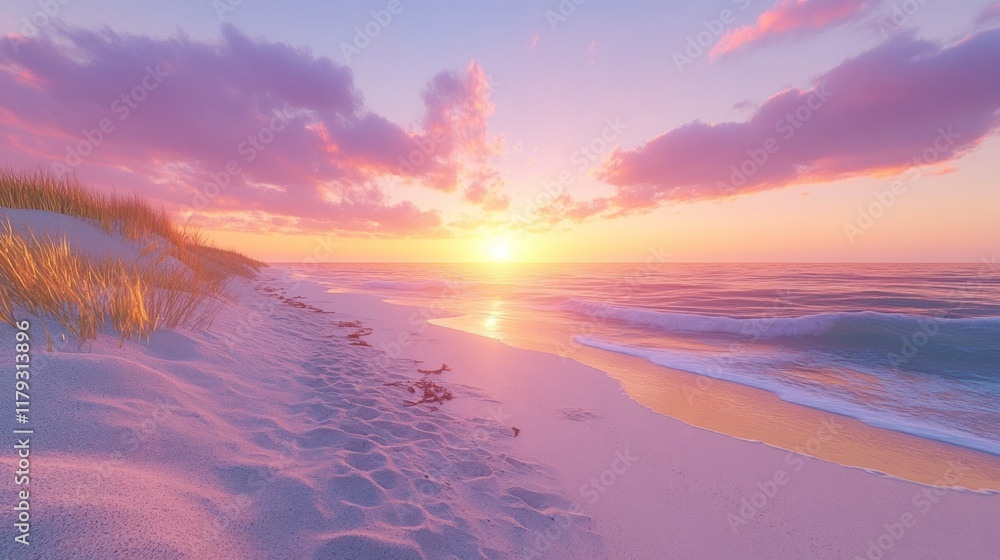 Poster sunset view over quiet beach with gentle waves and soft clouds at twilight. generative ai