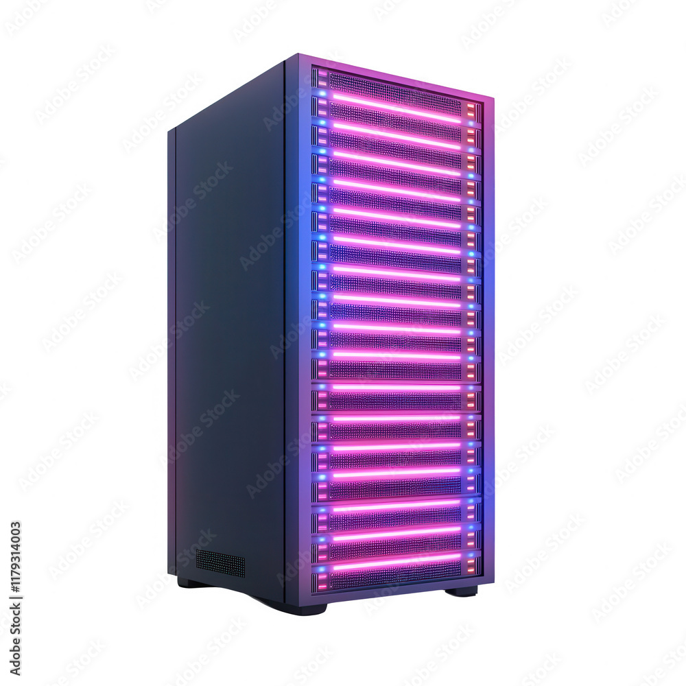 Poster modern computer hardware with vibrant lighting, showcasing innovative design and power., isolated on