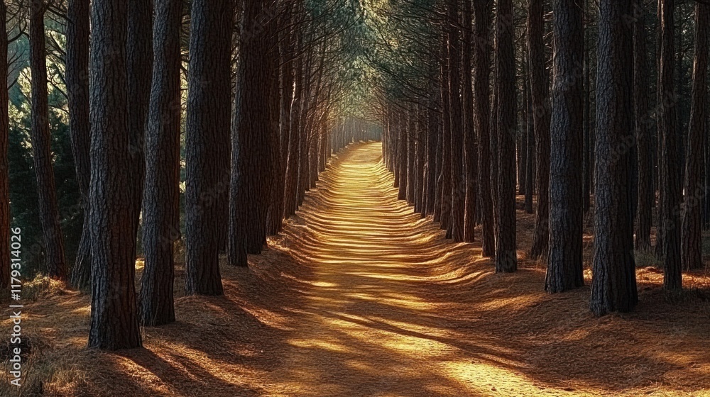 Poster sunlit pathway through a forest with tall trees and golden light at early morning. generative ai