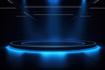 Empty Stage with Dark Blue Background and Dramatic Lighting for Theatrical Shows and Performances in a Modern Environment