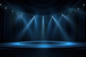Empty Stage with Dark Blue Background and Spotlight Effects for Theatrical Shows and Performances, Ideal for Event Promotion and Creative Projects
