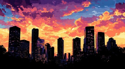 Fototapeta premium cityscape at sunset, with towering skyscrapers silhouetted against a vibrant sky filled with warm orange and pink colors, marking the end of another bustling day.
