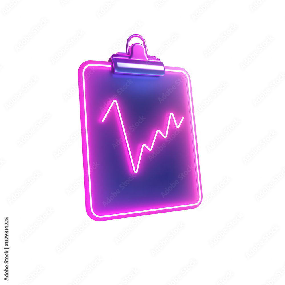 Poster neon clipboard displaying a rising graph, symbolizing progress and success., isolated on a transpare