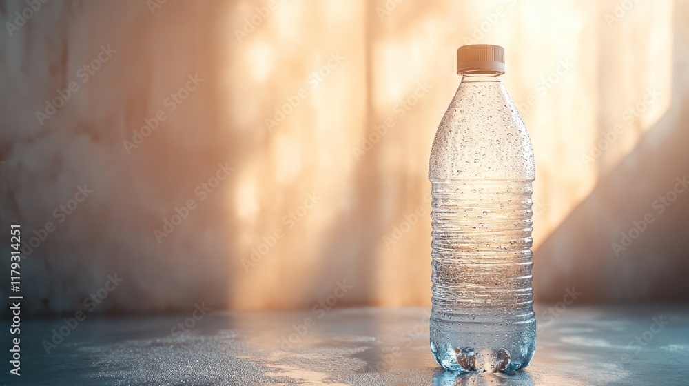 Poster clear water bottle with condensation reflecting soft light in a tranquil setting. generative ai