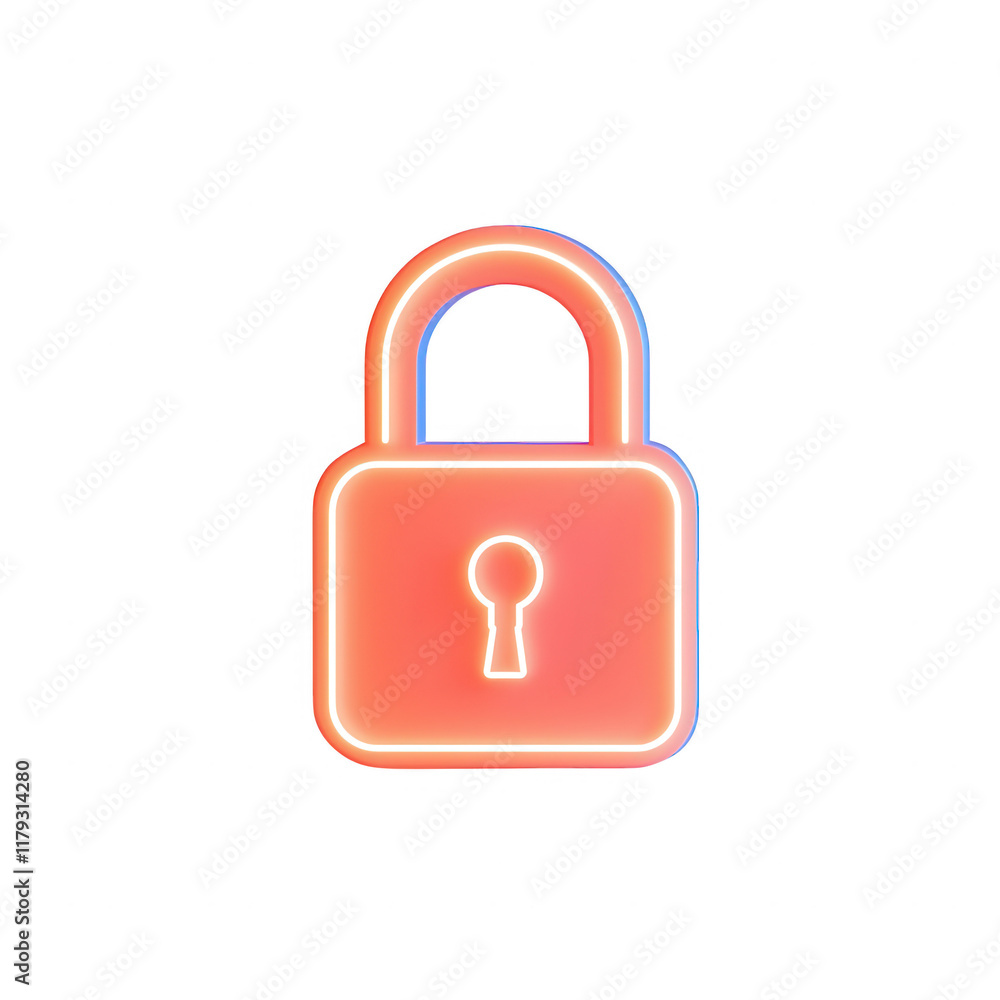 Poster neon lock symbol representing security and data protection in digital environments., isolated on a t