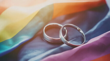 Two wedding rings lying on rainbow flag celebrating gay marriage