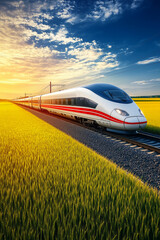 Fototapeta premium High-speed train traveling through golden fields at sunset, symbolizing speed, efficiency, and the beauty of travel