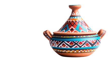 Traditional hand-painted Moroccan tagine showcasing vibrant patterns against a minimalist backdrop on transparent background