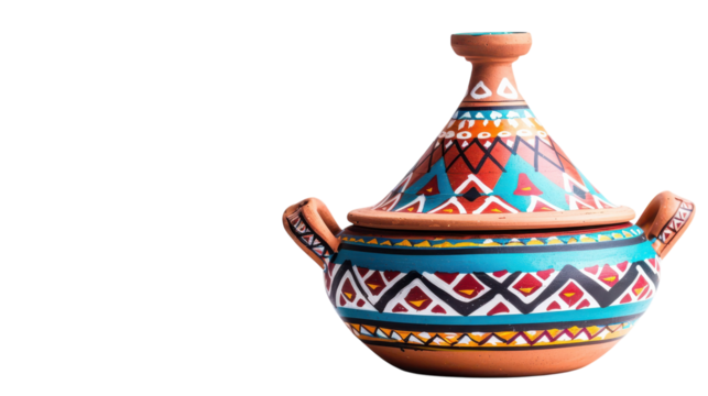 Traditional hand-painted Moroccan tagine showcasing vibrant patterns against a minimalist backdrop on transparent background