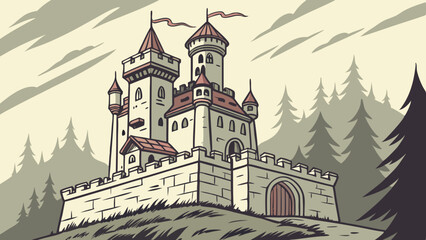 Obraz premium Majestic Medieval Castle Stands Guard in Misty Forest