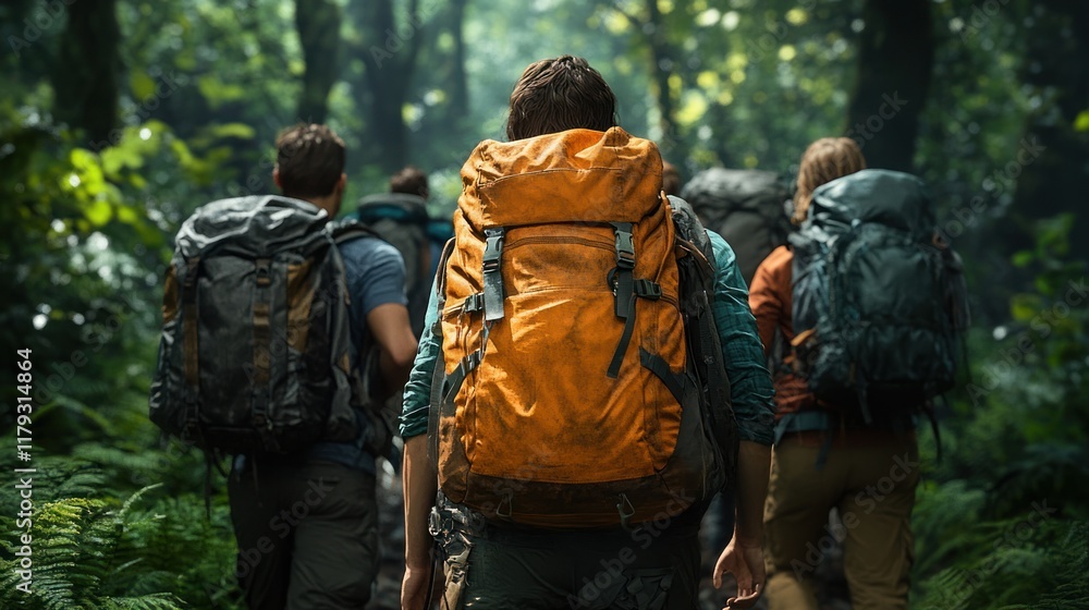 Poster group of hikers exploring a dense forest with backpacks during a sunny afternoon outing. generative 