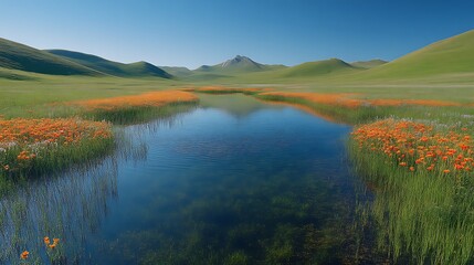 Serene mountain lake reflecting wildflowers.