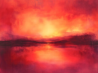A painting of a sunset with a red sky and a body of water