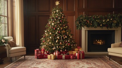 classic Christmas tree stands in a warmly lit living room, decorated with traditional red and gold ornaments, candy canes, and a star topper