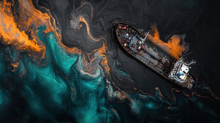 Obraz premium Aerial view of a derelict ship amidst swirling ocean pollution, showcasing environmental damage and the urgent need for conservation.