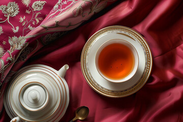 Ai generated picture of a traditional elegant tea ceremony on red backdrop