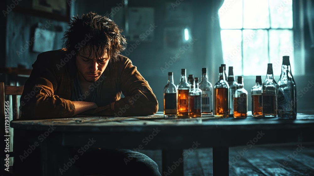 Poster lonely man reflects on life choices in dimly lit cabin surrounded by empty whiskey bottles. generati