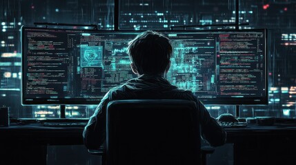 Individual engaged in coding at night with multiple monitors displaying data and code in a tech environment. Generative AI