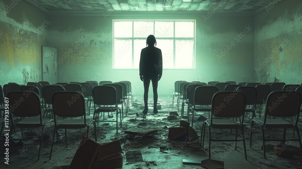 Poster abandoned classroom with a figure standing amidst scattered debris and empty chairs in low light. ge
