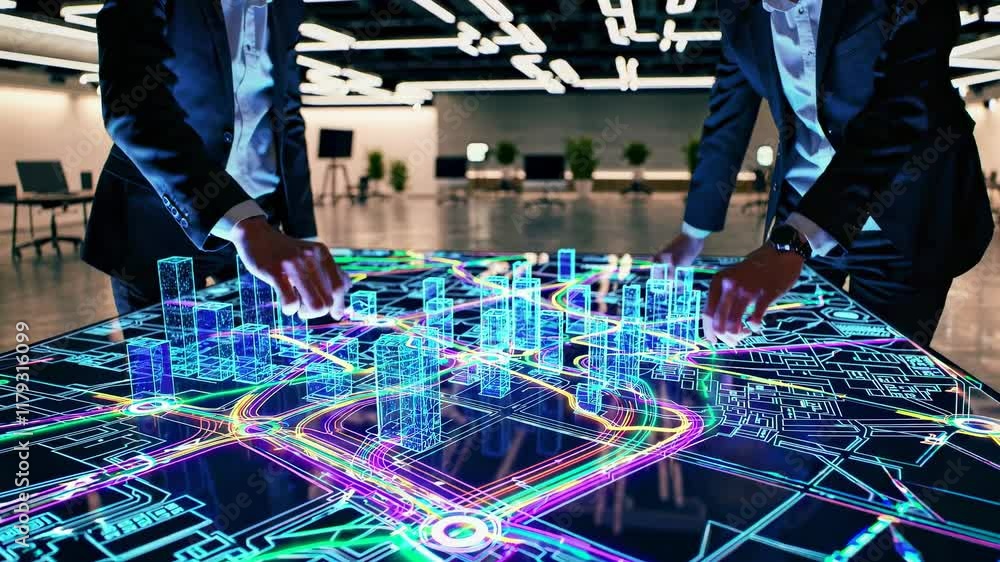 Poster professionals collaborate around a digital table showcasing an interactive city model during a techn