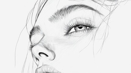 Obraz premium Close-up pencil sketch of a woman's face, eyes, nose, and lips, showcasing delicate lines and shading.