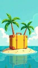 Obraz premium Giant yellow suitcase on an island of sand with palm trees, surrounded by the sea. Creative travel vacation concept. 3d effect