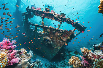 Fototapeta premium Underwater view of an old sunken ship on seabed with fish swimming around, abstract vivid composition consists of fictional unreal fantastic vision on background