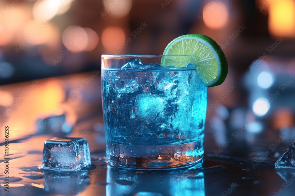 Poster refreshing blue cocktail served with ice and lime slice at a bar setting in the evening. generative 