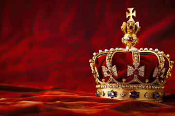 Fantastic beautiful king or queen crown from vivid gold material for coronation, abstract vivid composition consists of fictional unreal fantastic vision on background