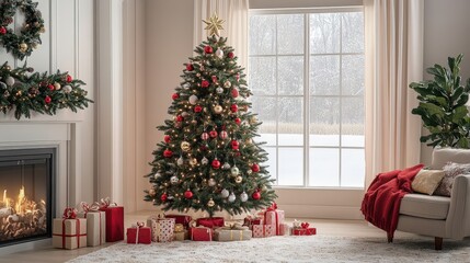 classic Christmas tree stands in a warmly lit living room, decorated with traditional red and gold ornaments, candy canes, and a star topper