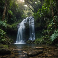 A hidden waterfall found on an adventurous jungle trek, surrounded by untouched greenery.