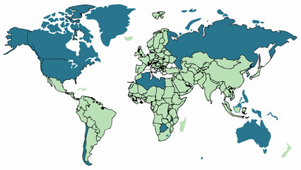 World Map with Differentiated Regions in Teal and Light Green