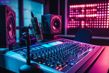 Studio Recording Console: Vibrant Neon Lights, Mixing Board, and Microphone