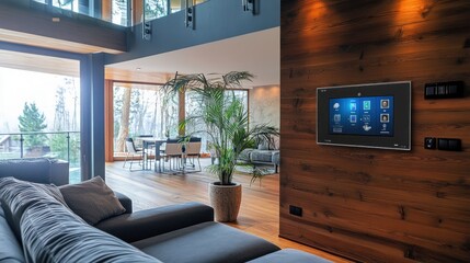 Fototapeta premium Modern smart home interior with touchscreen control panel on wood wall.